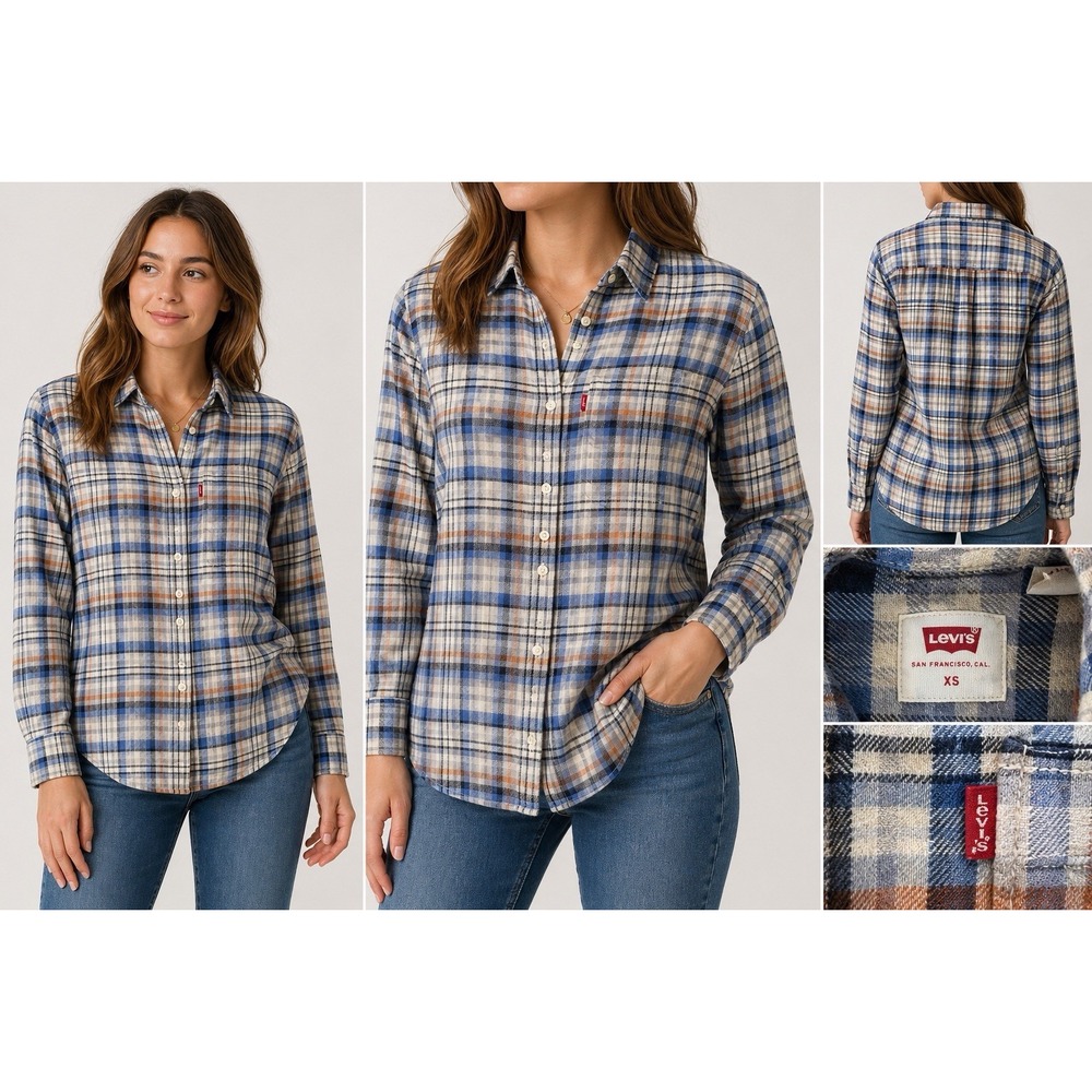 Levi's Shirt Women's XS Plaid Flannel Blue Orange Button Up Cotton Casual Fall
